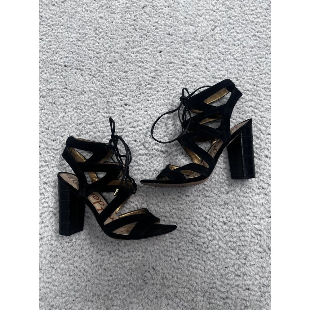 Women's Sam Edleman Black Suede Lace Up Block Heel Sandals Size 8